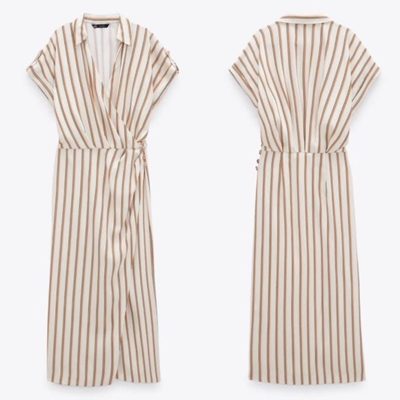 ZARA NWT Striped Ecru Draped Wrap Dress Midi Length Business Casual Size XL - Picture 2 of 13